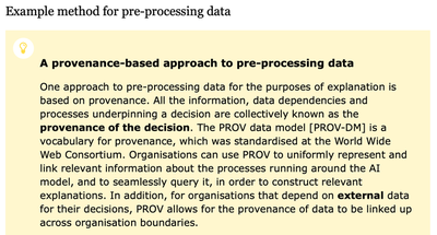 Detail of the ICO [guidelines](https://ico.org.uk/for-organisations/guide-to-data-protection/key-data-protection-themes/explaining-decisions-made-with-artificial-intelligence/part-2-explaining-ai-in-practice/task-2-collect/) that feature KCL's provenance-based model as an example.